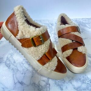 Frye Leather Shearling fur Gia Moto Low Shoes brown leather buckle sneakers